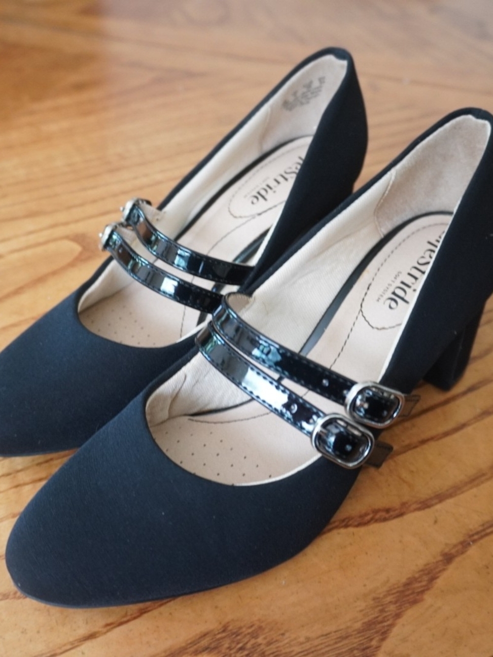 Life Stride Black Mary Jane Block Heels with Patent Double Straps Size 7.5